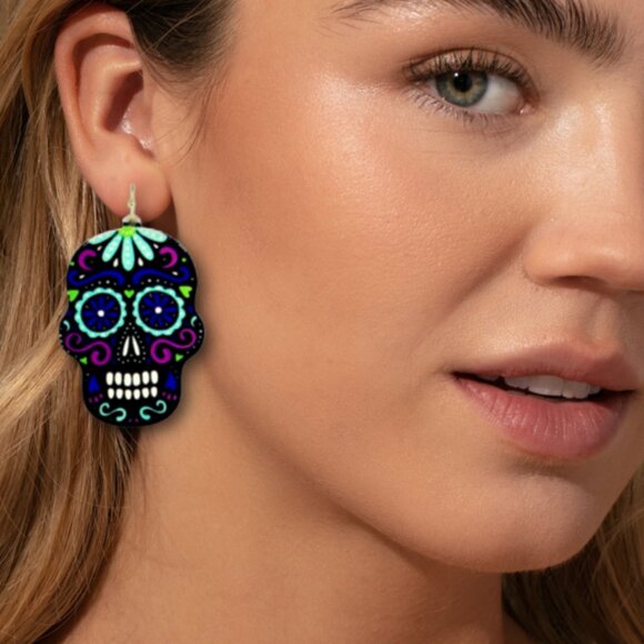 BOGO DEAL NEW ETSY ACRYLIC CUT SUGAR SKULL HALLOWEEN EARRINGS HYPOALLERGENIC - Picture 3 of 6